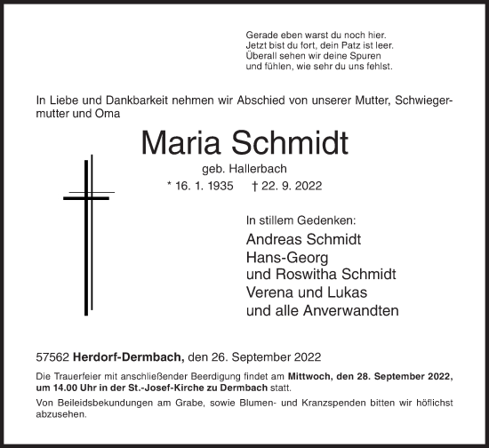 Traueranzeige von Maria Schmidt von Siegener Zeitung