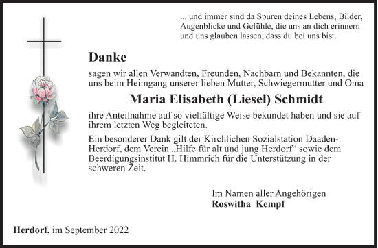 Traueranzeige von Maria Elisabeth  Schmidt von Siegener Zeitung