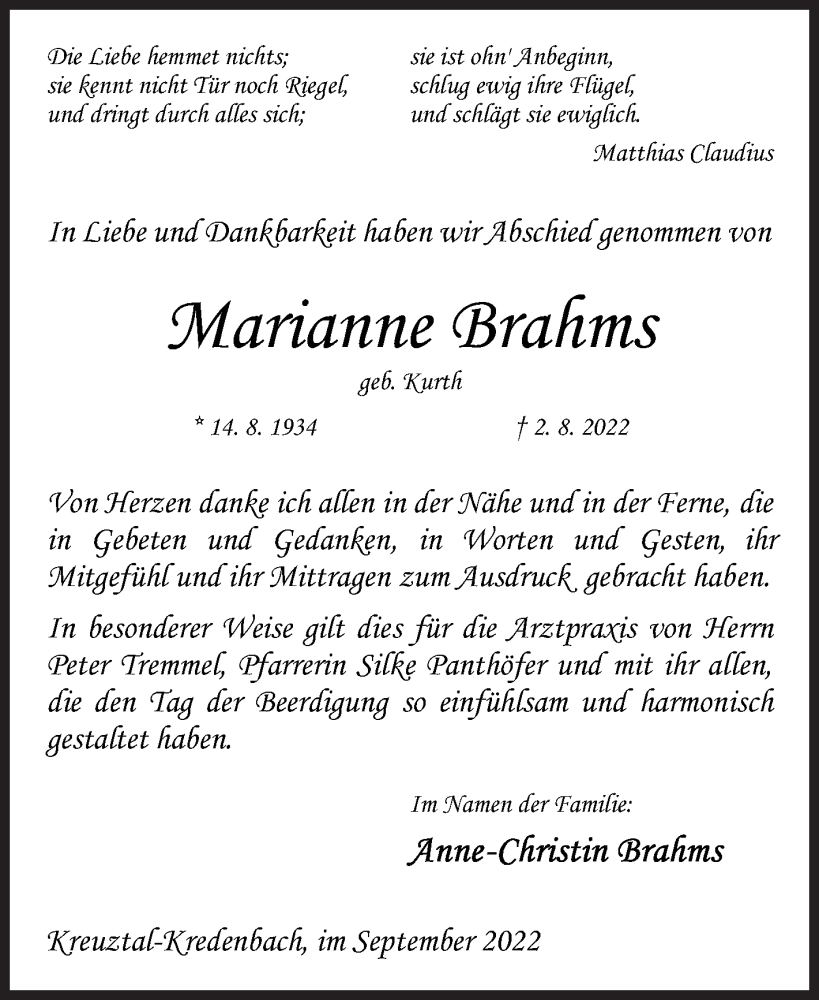  Traueranzeige für Marianne Brahms vom 24.09.2022 aus Siegener Zeitung