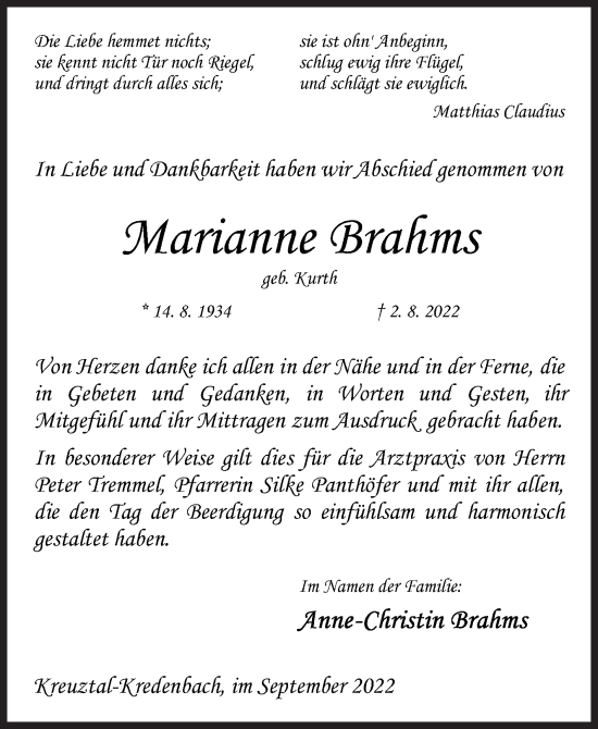 Traueranzeige von Marianne Brahms von Siegener Zeitung