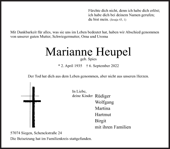 Traueranzeige von Marianne Heupel von Siegener Zeitung