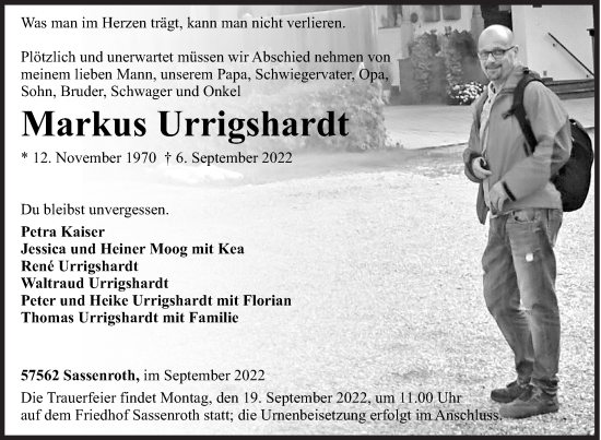 Traueranzeige von Markus Urrigshardt von Siegener Zeitung