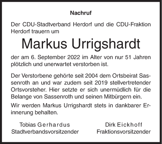 Traueranzeige von Markus Urrigshardt von Siegener Zeitung