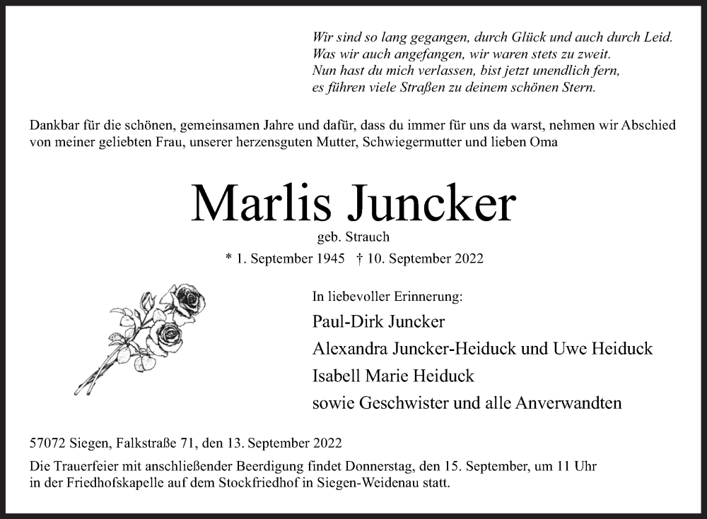  Traueranzeige für Marlis Juncker vom 13.09.2022 aus Siegener Zeitung