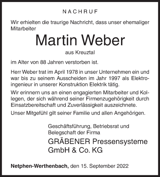 Traueranzeige von Martin Weber von Siegener Zeitung