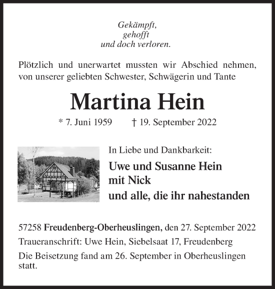 Traueranzeige von Martina Hein von Siegener Zeitung