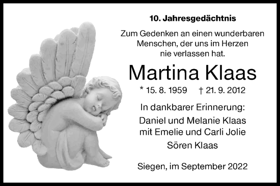 Traueranzeige von Martina Klaas von Siegener Zeitung