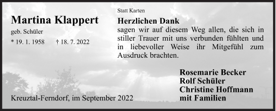 Traueranzeige von Martina Klappert von Siegener Zeitung
