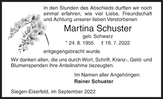 Traueranzeige von Martina Schuster von Siegener Zeitung