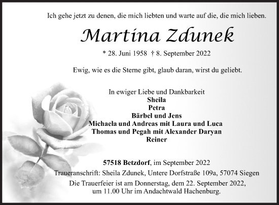 Traueranzeige von Martina Zdunek von Siegener Zeitung