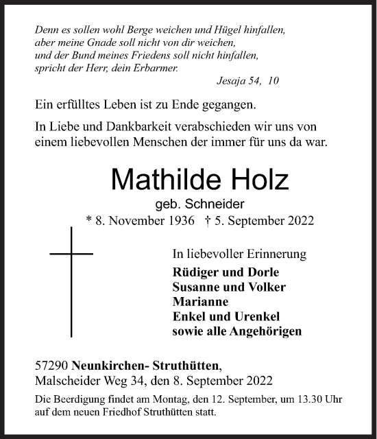 Traueranzeige von Mathilde Holz von Siegener Zeitung