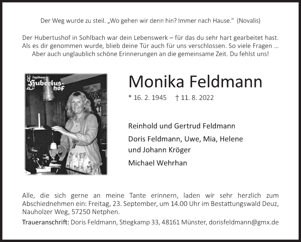  Traueranzeige für Monika Feldmann vom 16.09.2022 aus Siegener Zeitung