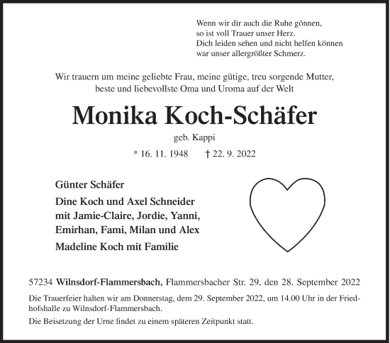 Traueranzeige von Monika Koch-Schäfer von Siegener Zeitung