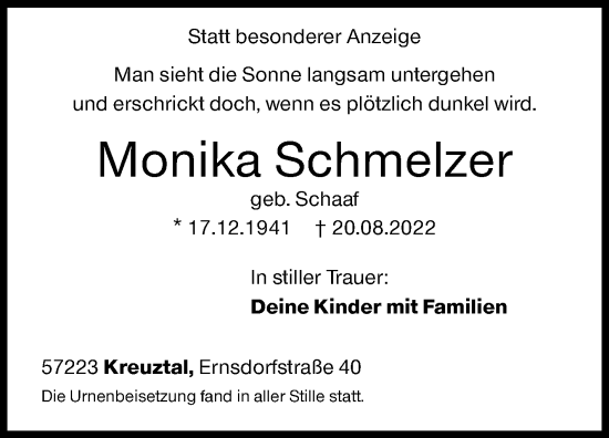 Traueranzeige von Monika Schmelzer von Siegener Zeitung
