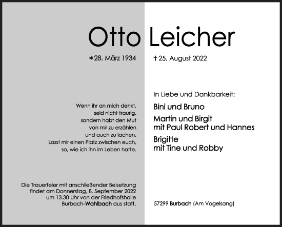 Traueranzeige von Otto Leicher von Siegener Zeitung