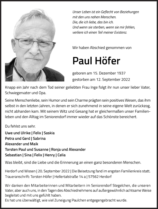 Traueranzeige von Paul Höfer von Siegener Zeitung
