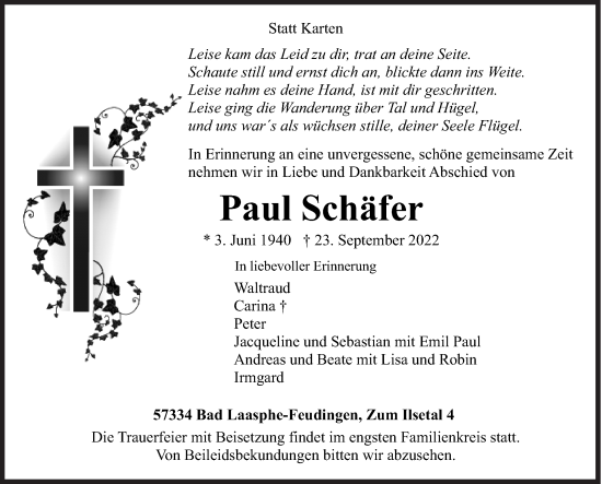 Traueranzeige von Paul Schäfer von Siegener Zeitung
