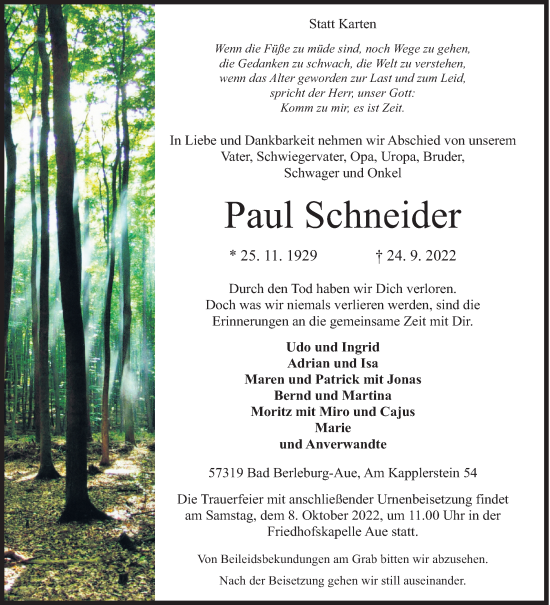 Traueranzeige von Paul Schneider von Siegener Zeitung
