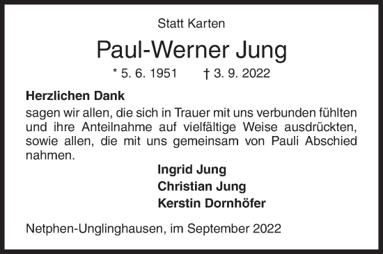 Traueranzeige von Paul-Werner Jung von Siegener Zeitung