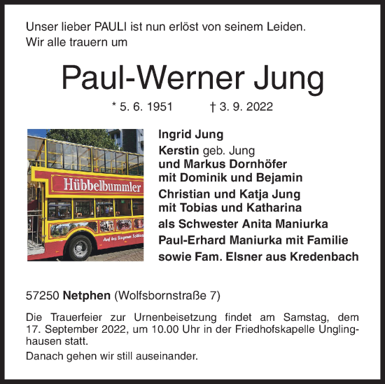 Traueranzeige von Paul-Werner Jung von Siegener Zeitung