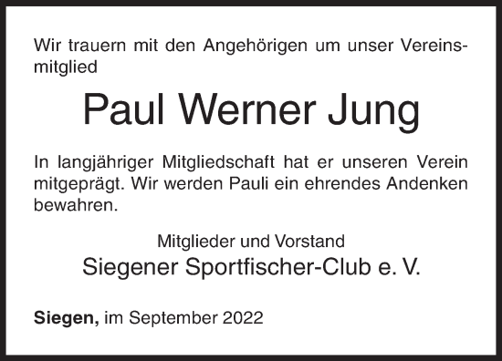 Traueranzeige von Paul Werner Jung von Siegener Zeitung