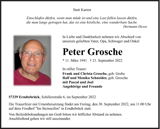 Traueranzeige von Peter Grosche von Siegener Zeitung