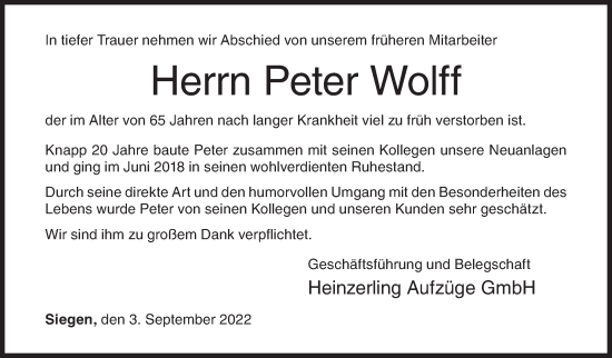 Traueranzeige von Peter Wolff von Siegener Zeitung