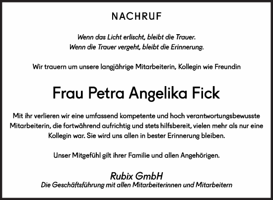 Traueranzeige von Petra Angelika Fick von Siegener Zeitung
