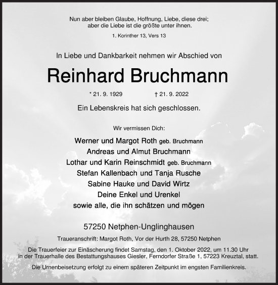 Traueranzeige von Reinhard Bruchmann von Siegener Zeitung
