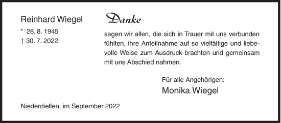Traueranzeige von Reinhard Wiegel von Siegener Zeitung