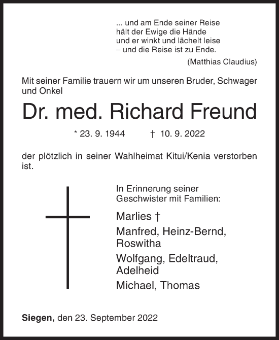 Traueranzeige von Richard Freund von Siegener Zeitung