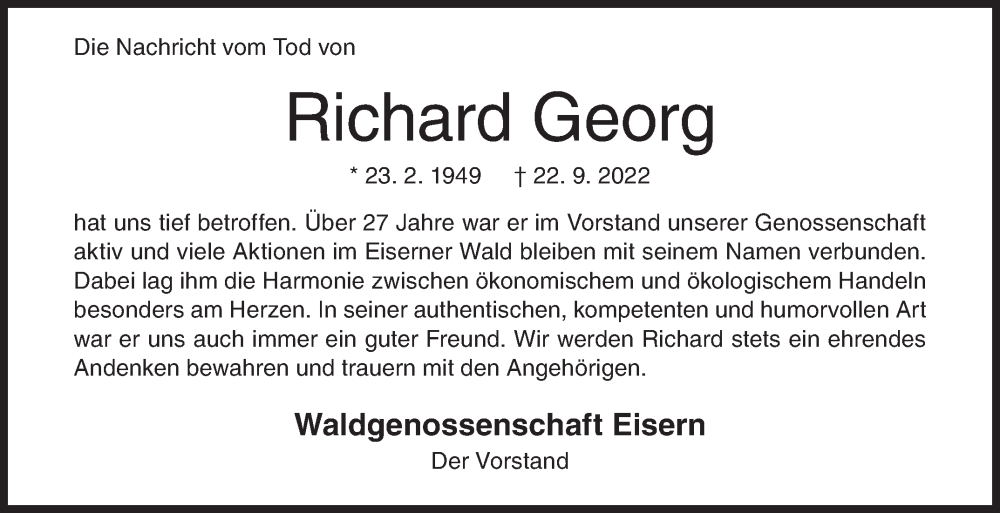  Traueranzeige für Richard Georg vom 26.09.2022 aus Siegener Zeitung