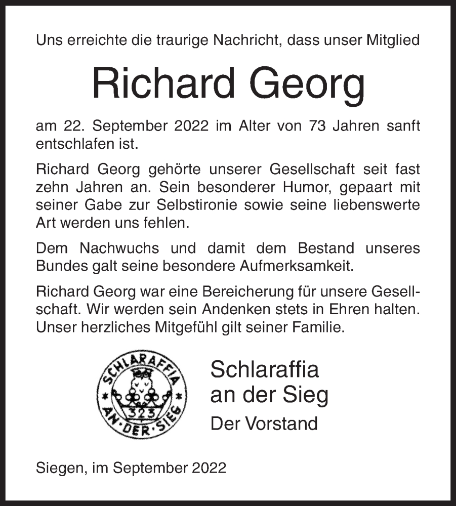  Traueranzeige für Richard Georg vom 27.09.2022 aus Siegener Zeitung