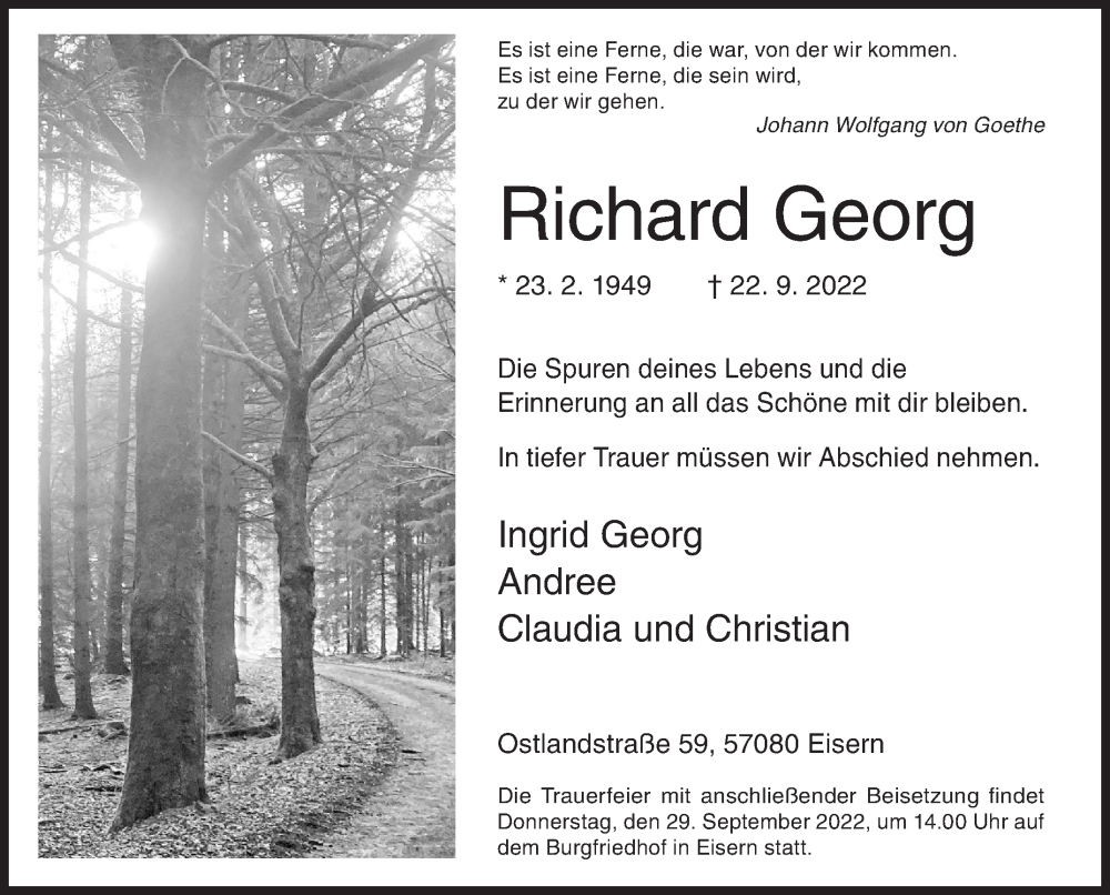  Traueranzeige für Richard Georg vom 26.09.2022 aus Siegener Zeitung