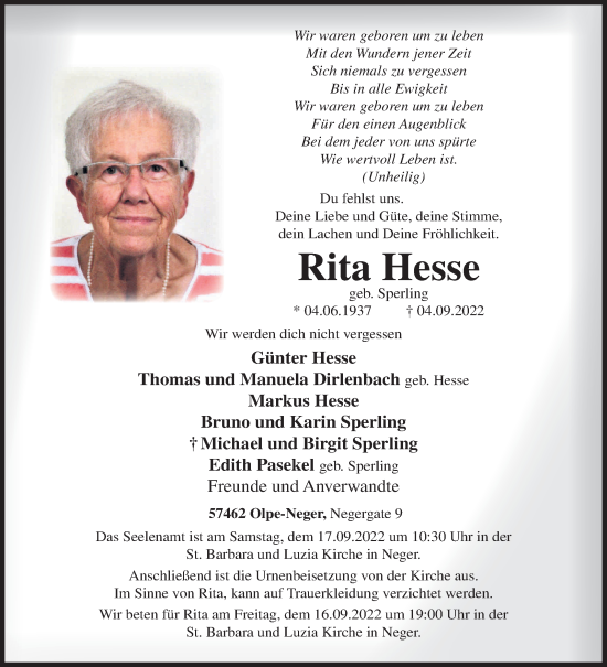 Traueranzeige von Rita Hesse von Siegener Zeitung