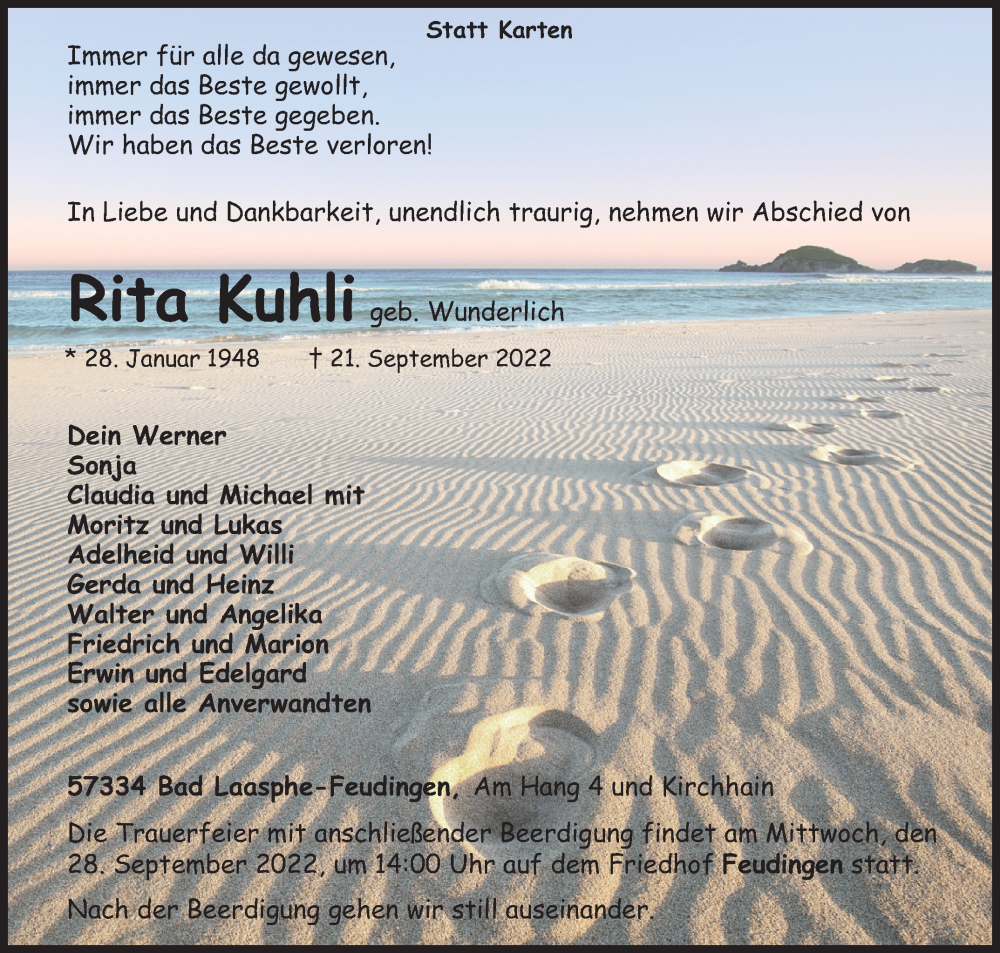  Traueranzeige für Rita Kuhli vom 24.09.2022 aus Siegener Zeitung