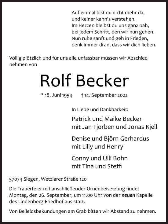Traueranzeige von Rolf Becker von Siegener Zeitung
