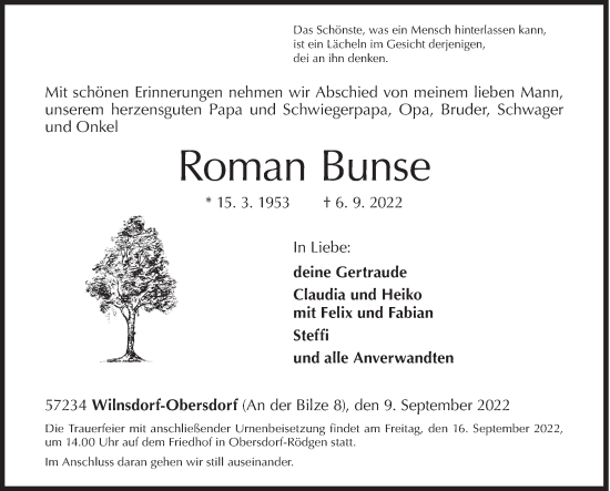 Traueranzeige von Roman Bunse von Siegener Zeitung