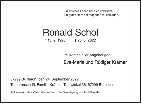 Traueranzeige von Ronald Schol von Siegener Zeitung
