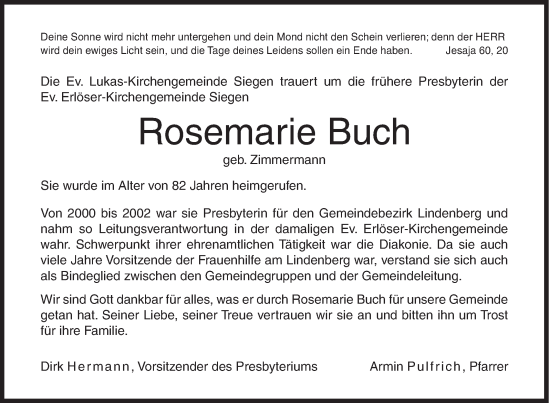 Traueranzeige von Rosemarie  Buch von Siegener Zeitung