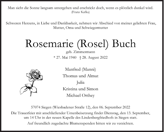 Traueranzeige von Rosemarie  Buch von Siegener Zeitung