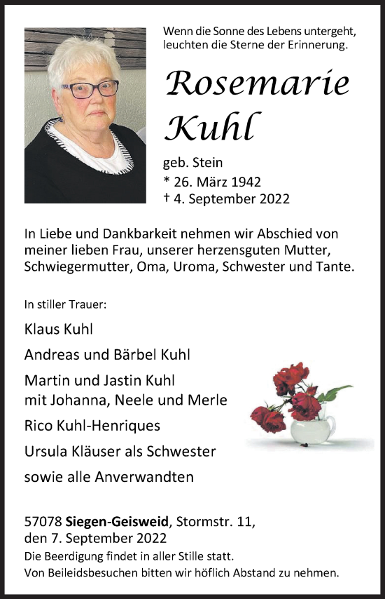 Traueranzeige von Rosemarie Kuhl von Siegener Zeitung