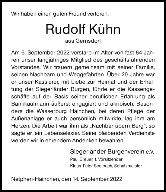 Traueranzeige von Rudolf Kühn von Siegener Zeitung