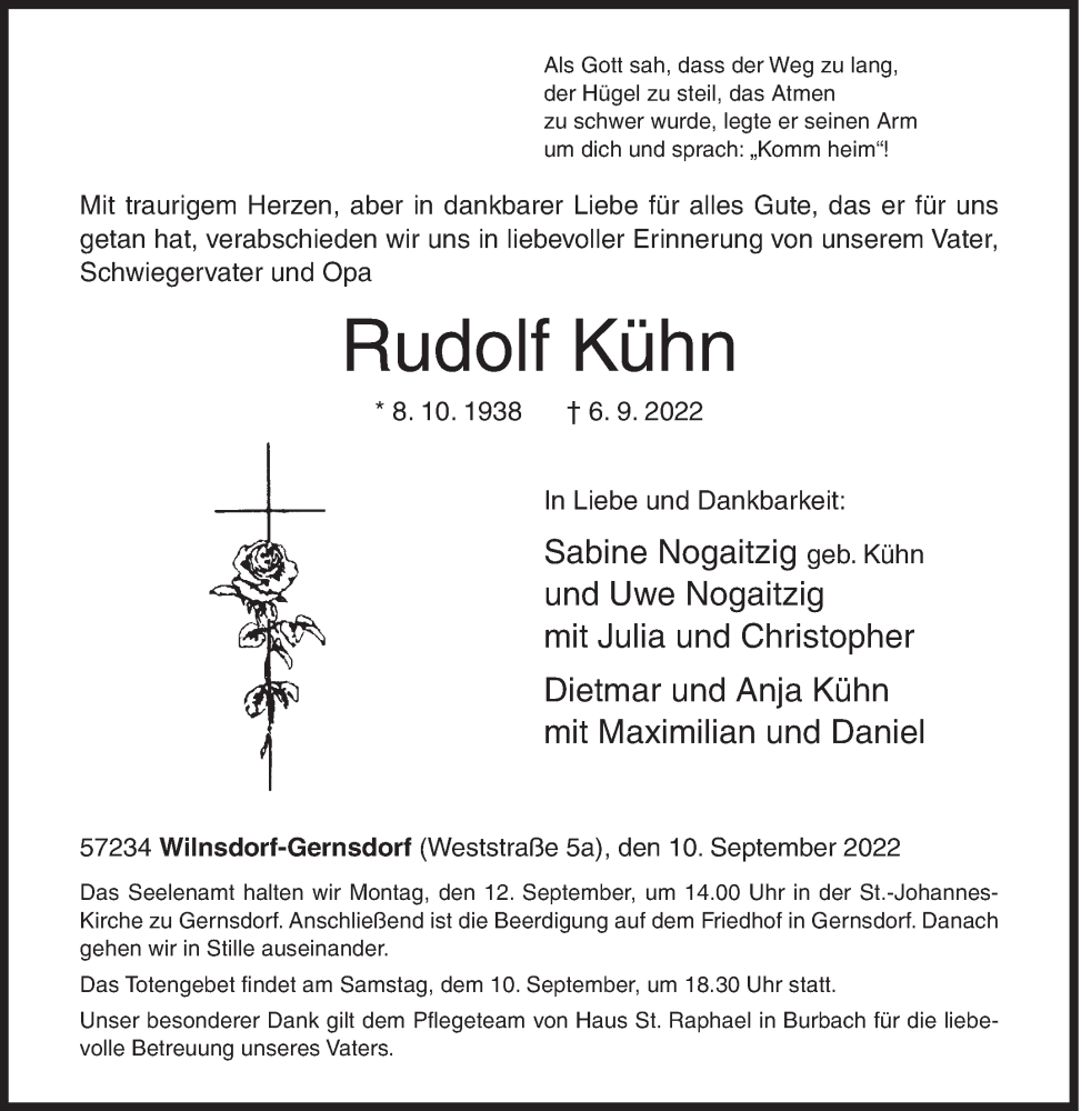  Traueranzeige für Rudolf Kühn vom 10.09.2022 aus Siegener Zeitung
