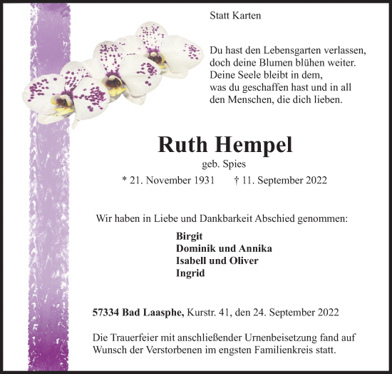 Traueranzeige von Ruth Hempel von Siegener Zeitung