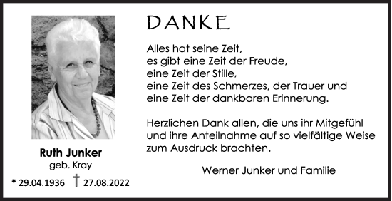 Traueranzeige von Ruth Junker von Siegener Zeitung