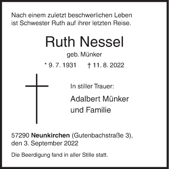 Traueranzeige von Ruth Nessel von Siegener Zeitung