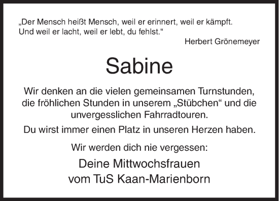 Traueranzeige von Sabine  von Siegener Zeitung