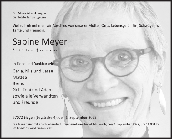 Traueranzeige von Sabine Meyer von Siegener Zeitung