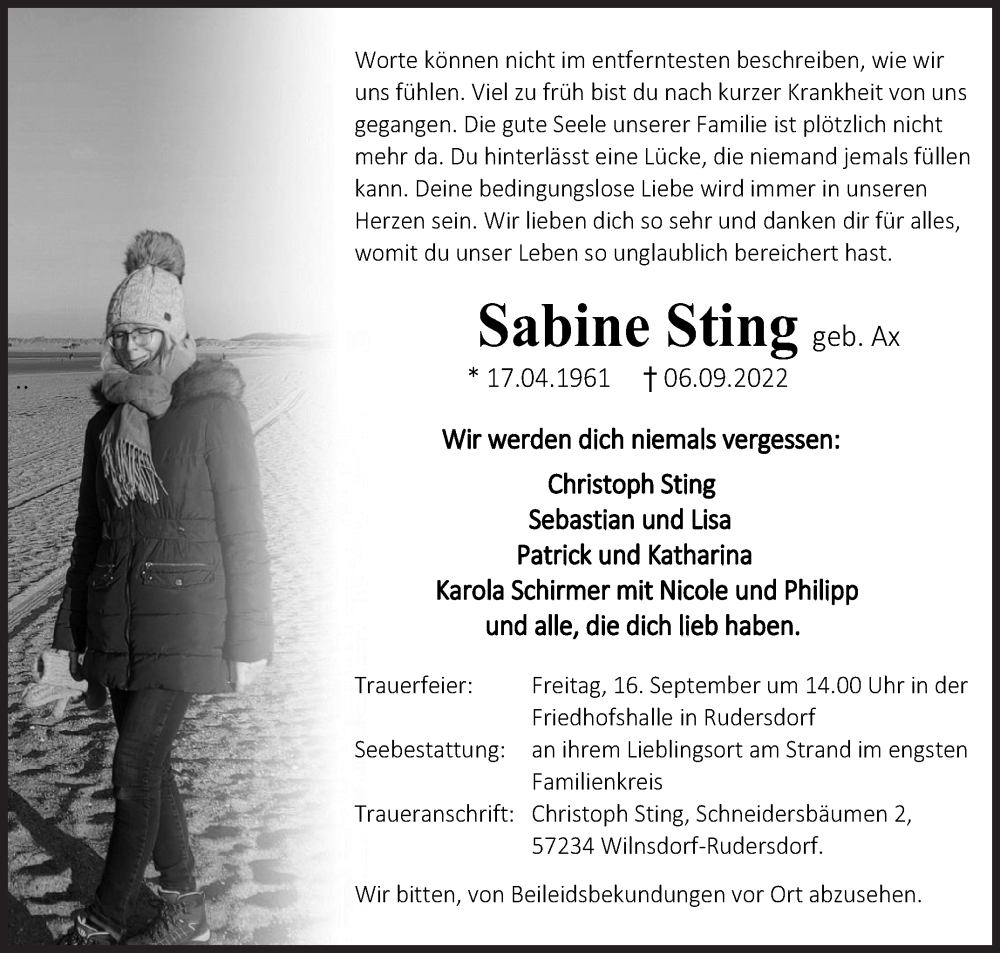  Traueranzeige für Sabine Sting vom 10.09.2022 aus Siegener Zeitung